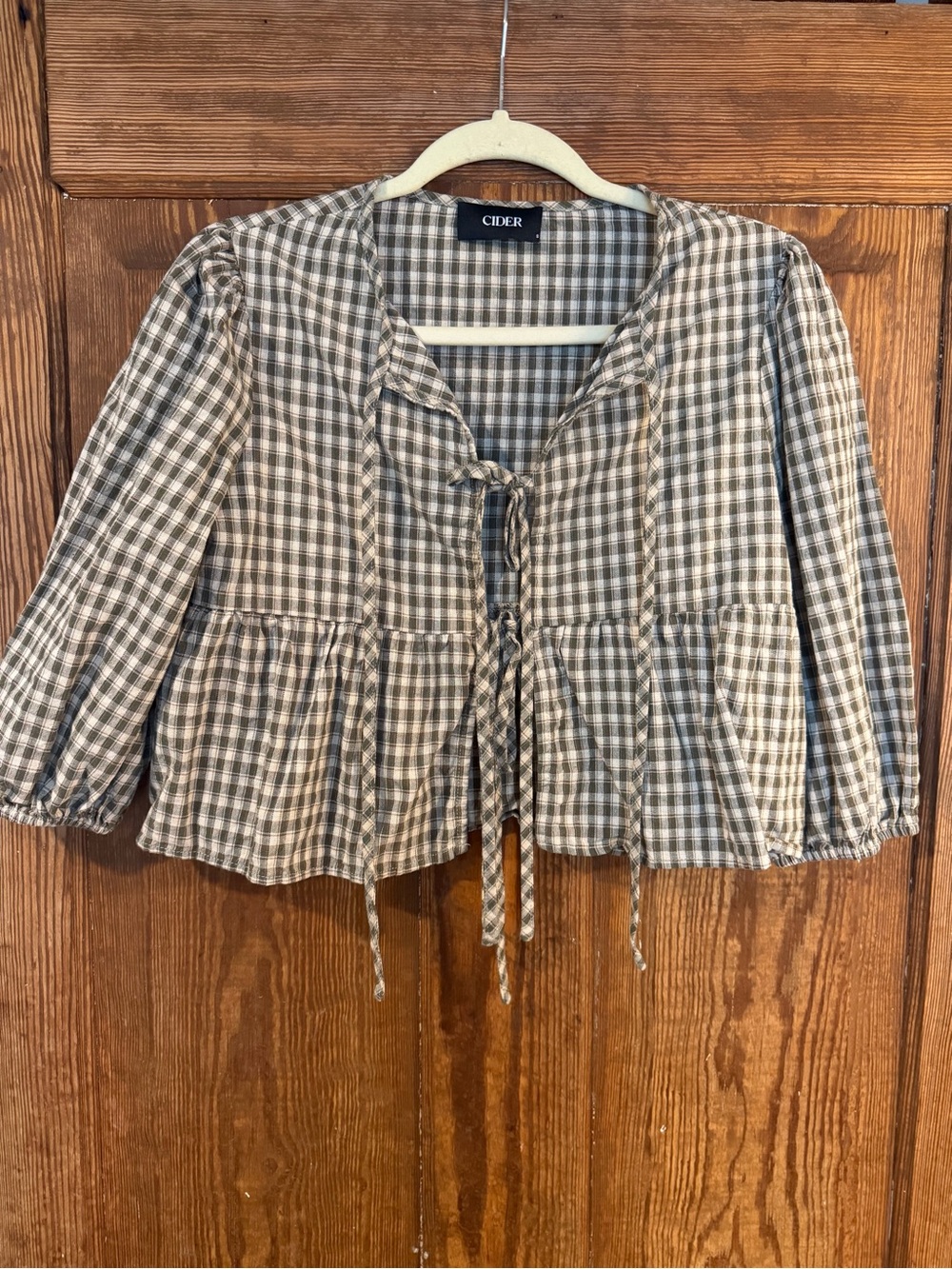Cider Gingham Tie-Front Peplum Top in Olive Green and White